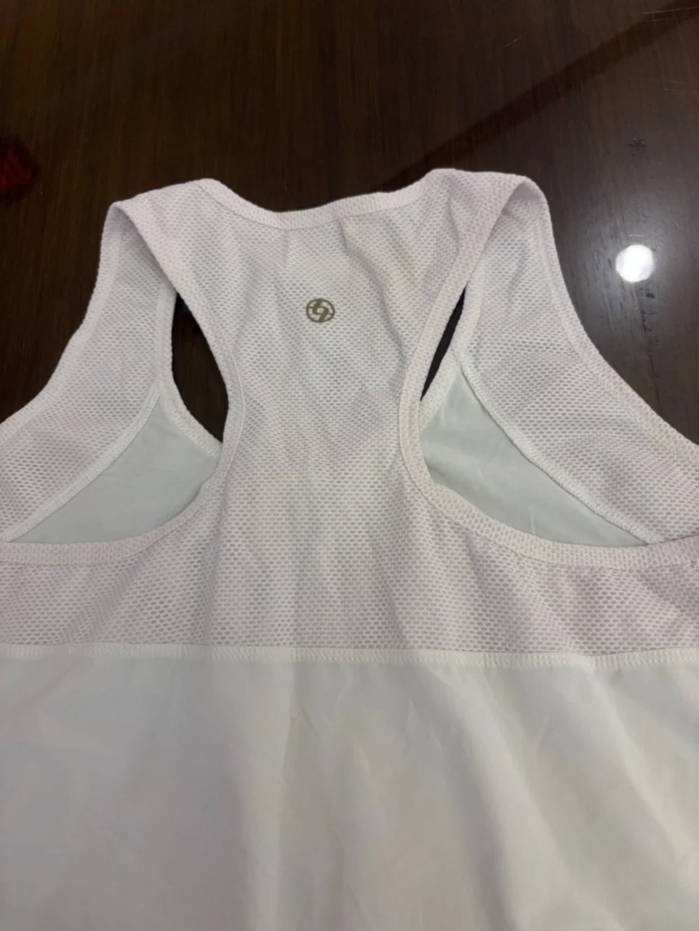 Lija White Racerback Tank with Light pink Mesh Yoke Size Medium
